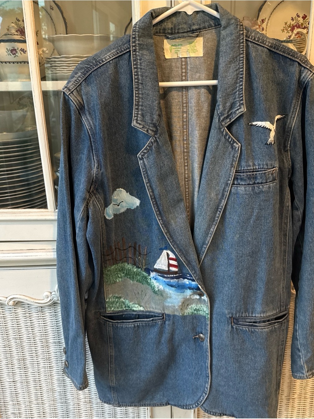 Vintage Daffy Dills Hand Painted Denim Womens Large  Lighthouse Jacket Jean